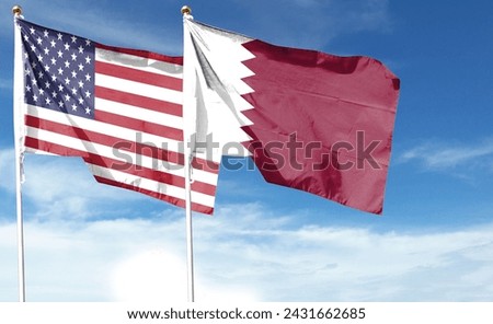 American flag and Qatar flag on cloudy sky. fly in the sky Royalty-Free Stock Photo #2431662685