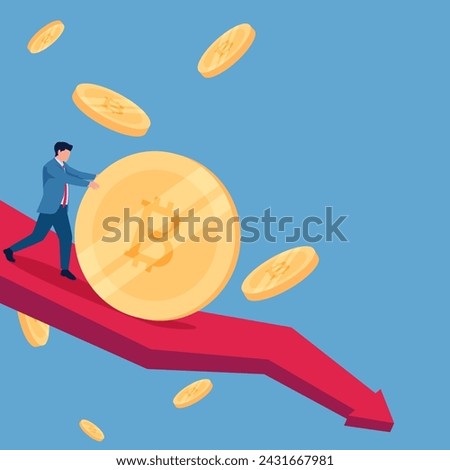 Man trying to hold a crypto coin that is sliding down according to the descending graph arrow, illustration for crypto collapse.
