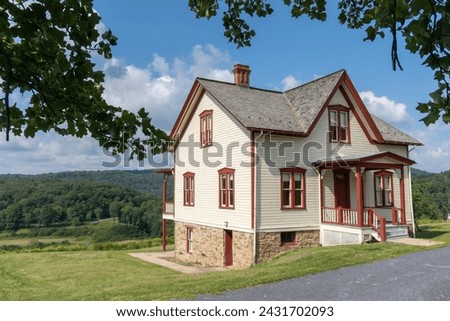 South Fork, Pennsylvania: Johnstown Flood National Memorial. Site of former Lake Conemaugh and South Fork Dam, which broke and caused the 1889 disaster. Unger farmhouse witnessed the dam break. Royalty-Free Stock Photo #2431702093