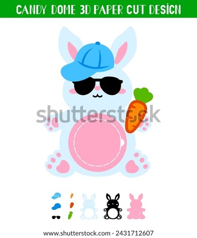 Easter Bunny Candy Dome holder with carrot. Paper cut template. Vector illustration. Cute holiday symbol. 3D layered Easter ornament for sweets. Isolated on white background.
