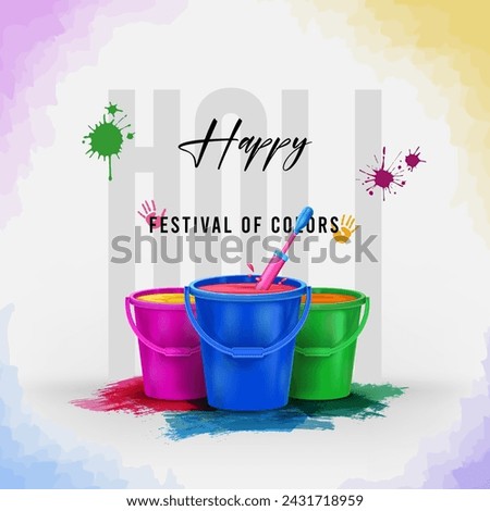 happy holi festival creative social media post illustration with holi liquid color bucket and color splash Royalty-Free Stock Photo #2431718959
