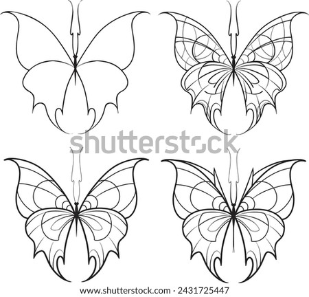 Set of elements Neo tribal tattoo butterfly shape modern acid graphic design clip art gothic flame emo goth 2000s Aesthetic style y2k wings ink black white aggressive line graphic ornamental doodle