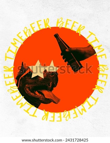 Creative poster for party. Purebred dog with star glasses and beer bottle on orange circle with BEER TIME text. Contemporary art collage. Concept of animal theme, party, alcohol drink, surrealism