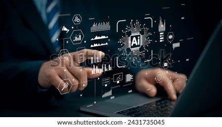 Businessman use of technology smart robot AI , artificial intelligence for Automation, Predictive analytics, Customer service AI-powered chatbot, analyze customer data, business and technology