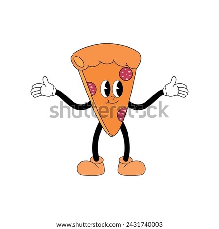 Pizza mascot in retro cartoon style.