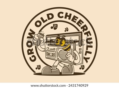 Grow old cheerfully. Vintage mascot character of walking radio holding a drink can Royalty-Free Stock Photo #2431740929