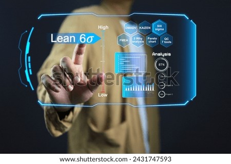 High level analysis of lean six sigma tool to help work more efficiently displayed on virtual screen and infographics on analytic dashboard Royalty-Free Stock Photo #2431747593