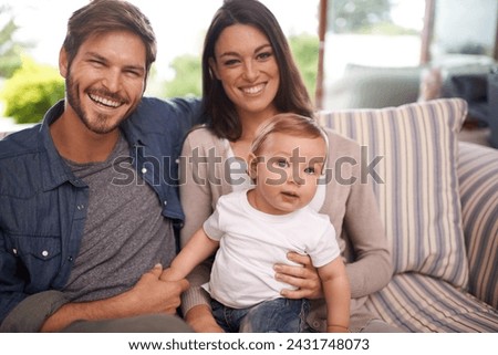 Parents, happy family or portrait of baby in house for support, security or bonding in living room. Relax, boy or toddler with mom or father for love or care for child development, wellness or growth