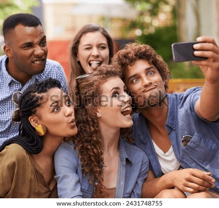 Friends, happy and crazy selfie on campus for comedy, care and profile picture to update on social media. Students, diversity or mobile app for photography at university or memory together in outdoor