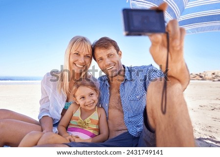 Happy family, beach and relax with selfie for photo, moment or photography in outdoor nature. Mother, father and child with smile for picture, capture or bonding memory together on the ocean coast