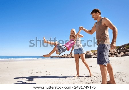 Holding hands, happy family and swing at a beach with love, support and care while bonding in nature. Freedom, travel and kid with parents at the ocean for morning games, fun or adventure at the sea