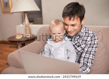 Happy family, father and baby in living room with laptop, love and live streaming cartoon on weekend in home. Man, daughter and computer with connection, bonding and technology with care in house