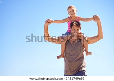 Holding hands, piggyback or father and daughter portrait at a beach for travel, fun or bonding in nature. Love, support dad with girl at sea for back ride games, airplane or journey freedom in Cancun
