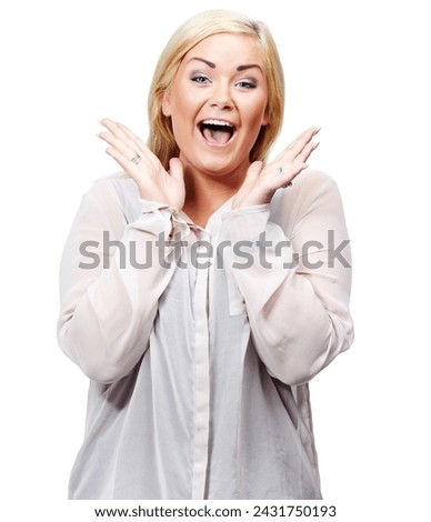 Woman in portrait, happy for surprise or shock in studio with reaction and expression for news or announcement. Hand gesture, emoji and winner, wow face for success or achievement on white background