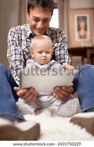 Happy family, father and child in living room with tablet, love and live streaming cartoon on weekend in home. Man, daughter and touchscreen with connection, bonding and technology for care in house