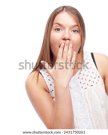 Portrait, surprise or happy woman in studio for gossip, announcement or fashion discount. Giveaway, model or shocked female person with wow gesture, news or omg facial expression on white background