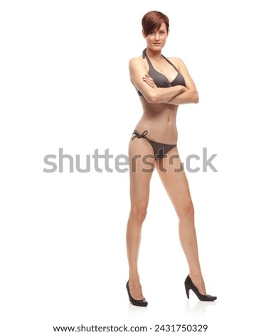 Portrait, studio and woman with smile for bikini in white background for aesthetic in fashion for model. Female person, confident and carefree for girl in swimwear or underwear, body and happiness
