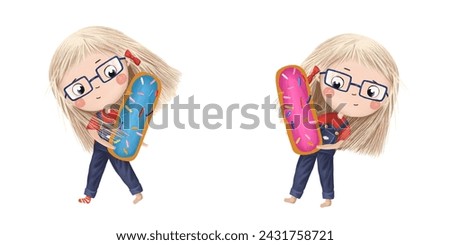 Cute little girl with chocolate donut- letter I. Tasty set on white background. Learn alphabet clip art collection