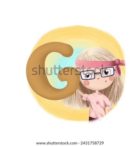 Cute little girl with letter G. Colorful cartoon graphics. Learn alphabet clip art collection on white background