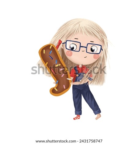 Cute little girl with chocolate donut- letter J on white background. Learn alphabet clip art collection