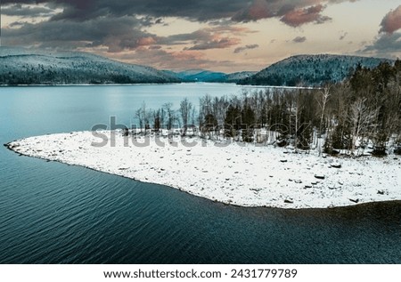 Winter forest with a lake and road