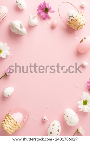 Festive Easter composition inspiration: Top view vertical photo capturing speckled eggs, tiny baskets, rabbit statuettes, daisies over soft pink background, with space reserved for custom greetings