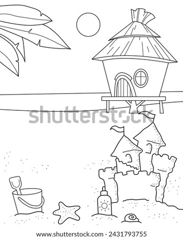 Beach, sandcastle and beach house. Coloring page, black and white vector illustration. Royalty-Free Stock Photo #2431793755
