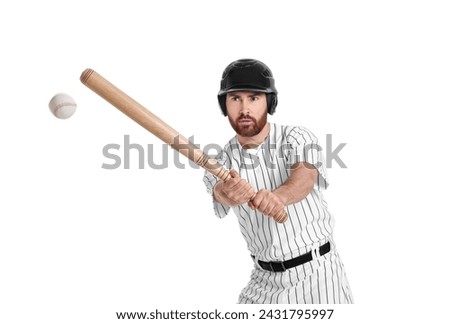 Baseball player hitting ball with bat on white background