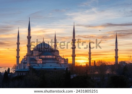 Sunset over The Blue Mosque (Sultanahmet Camii) in Istanbul, Turkey.