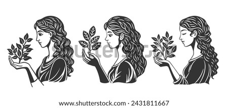 Woman holding growing tree, mental health, self care or gardening. Logo set. Black and white silhouettes. Vector
