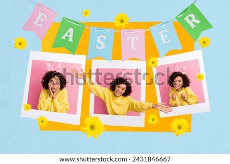 Composite 3d photo artwork collage of happy girl pose photo garland banner hoop bunny ears easter holiday tradition isolated on blue color background