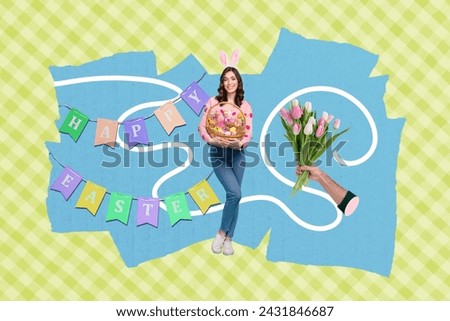 Creative 3d photo artwork collage of beautiful girl hold basket easter eggs garland banner happy easter bouquet hand isolated on colorful background