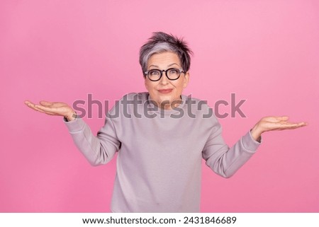 Photo of uncertain unsure woman wear trendy clothes shrugging shoulders no answer oop isolated on pink color background Royalty-Free Stock Photo #2431846689