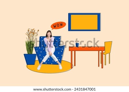 Collage creative picture image illustration excited happy smile young woman wow sit armchair interior sketch paint beige background
