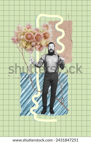 Vertical collage of black white effect classy impressed guy hold bunch fresh flowers pull suspenders isolated on green checkered background
