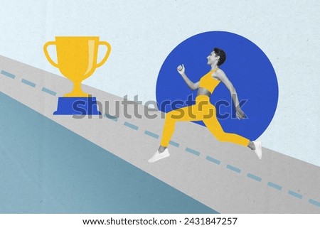 Photo banner collage illustration of running competition sports woman to golden goblet at road marathon isolated on gray color background