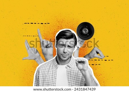 Photo collage of young stressed man in shirt gesture silence shut up symbol when community talking isolated on yellow color background Royalty-Free Stock Photo #2431847439