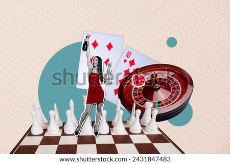 Creative collage picture illustration monochrome effect charm beauty tenderness lady hold champagne poker gambling winners template