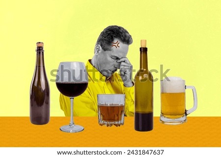 Collage picture artwork of sad disappointed man drinking alcohol cocktail after stressed day isolated on drawing background