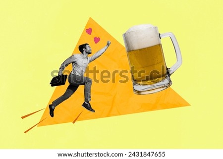 Photo collage artwork picture of excited funky worker guy enjoying friday beer isolated yellow color background