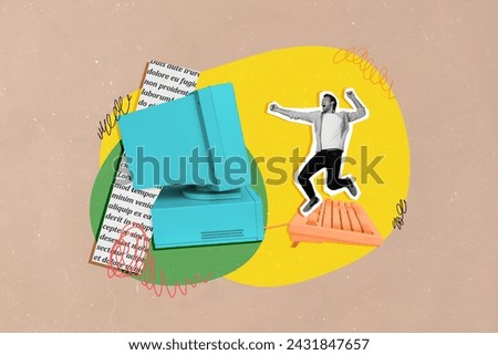 Collage picture of excited mini black white colors guy jump big pc monitor keyboard piece book page text isolated on beige background