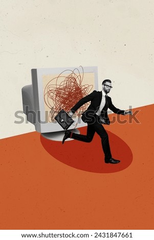 Vertical collage picture of black white colors elegant mini guy hold briefcase run leg tied big pc monitor isolated on drawing background