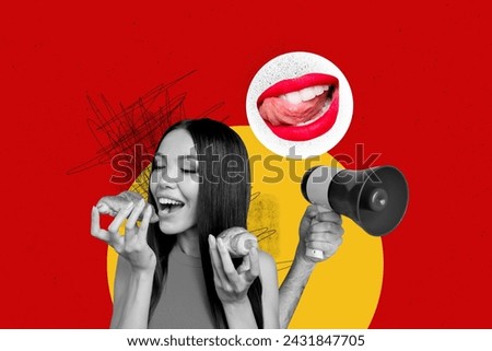 Creative collage picture illustration black white filter happy excited joyful young lady eat food loudspeaker croissant yummy red template