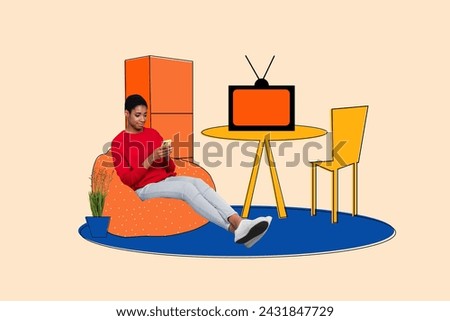 Collage creative picture illustration image happy smile young woman online phone watch tv interior sketch paint comics background