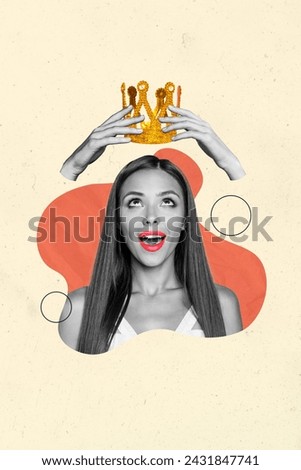 Artwork collage of young beautiful lady win first place beauty contest wear golden crown isolated on drawing background Royalty-Free Stock Photo #2431847741