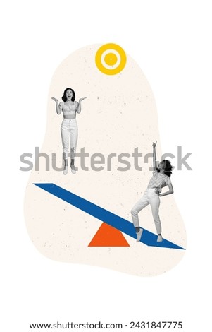 Collage artwork graphics picture of impressed ladies working together achieving success isolated beige color background