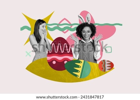 Creative photo collage two young girls celebrate easter holiday decorate painted eggs excited reaction bunny ears costume theme party
