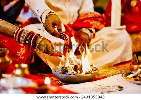 A Hindu wedding ceremony in which bride and groom having promises to live long together for 7 lifes in the presence of fire. Indian tradition marriage in which fire is the witness of promises of life. Royalty-Free Stock Photo #2431853843