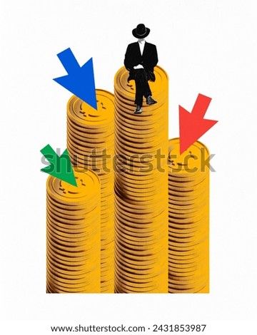 Poster. Modern aesthetic artwork. Successful businessman, investor sitting on huge stack of coins with colorful arrows symbolizing income. Concept of business, financial planning, financial literacy.