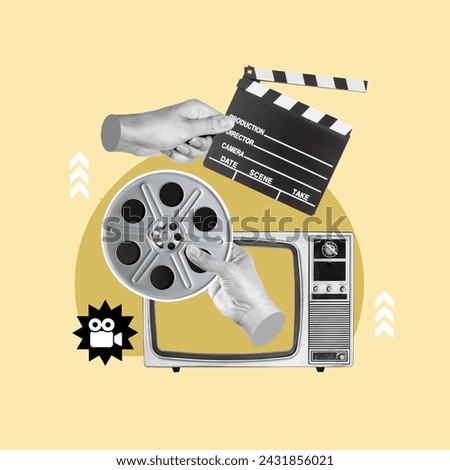 See awards season, cinema awards, cinema, art cinema, United States, international cinema, hand with clapperboard, hand with tape, retro television, in trend, movies, best films, Movie theater